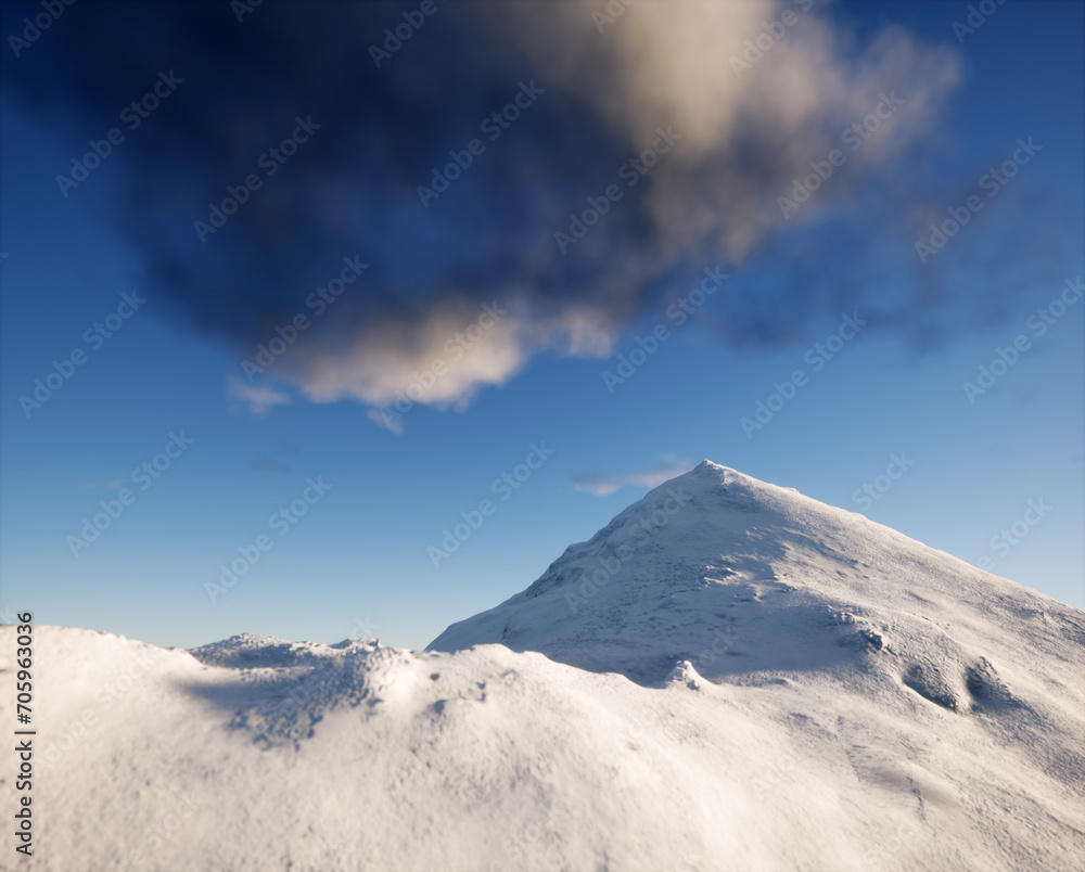Snowy mountain under a sunny sky with some clouds.