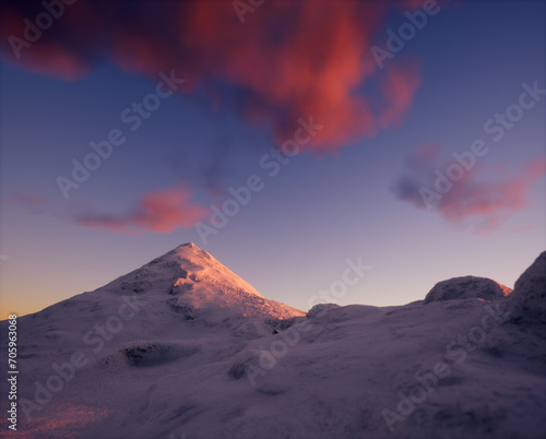 Snowy mountain under a sky with some clouds during sunset.