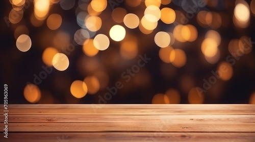 Empty Brown Wooden Floor or Wood Board Table with Blurred Abstract Night Light Bokeh Background AI Generated