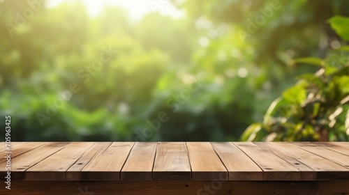 Empty Wood Table Top with Outdoor Garden Background AI Generated