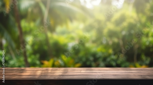 Empty Wood Table Top with Outdoor Garden Background AI Generated