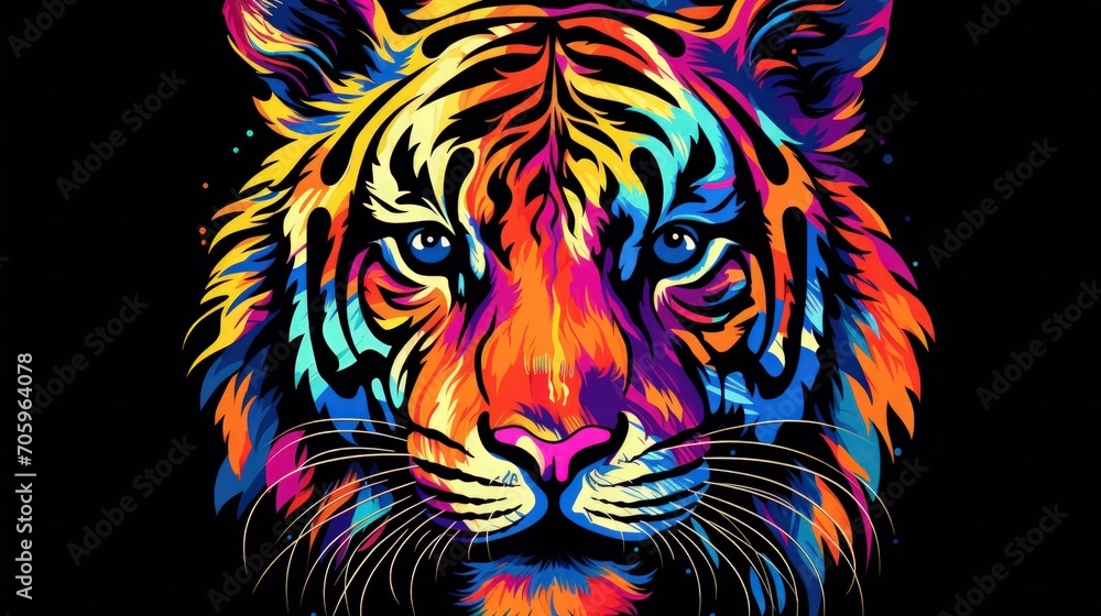 Tiger animal wildlife, rainbow vibrant colorsplash, watercolor style dark background. Generate AI