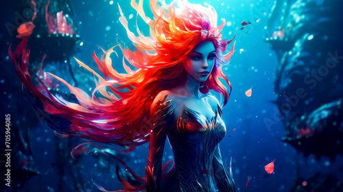 Woman with long red hair standing in blue ocean with fish around her.