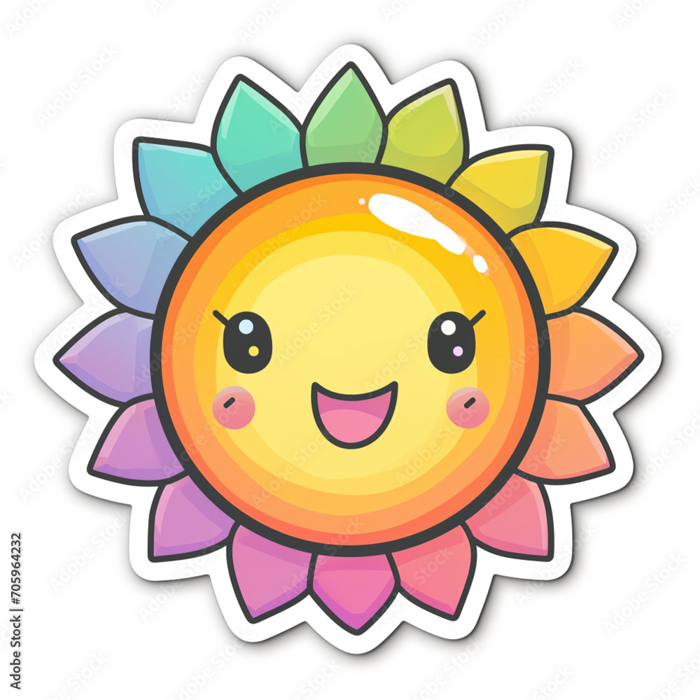 A vibrant, yellow sun sticker with radiant rays spreading out, a smiling face in the center, adorned with cheerful, round eyes and a happy, crescent mouth.