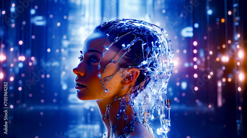 Woman's face with futuristic headpiece in front of cityscape.