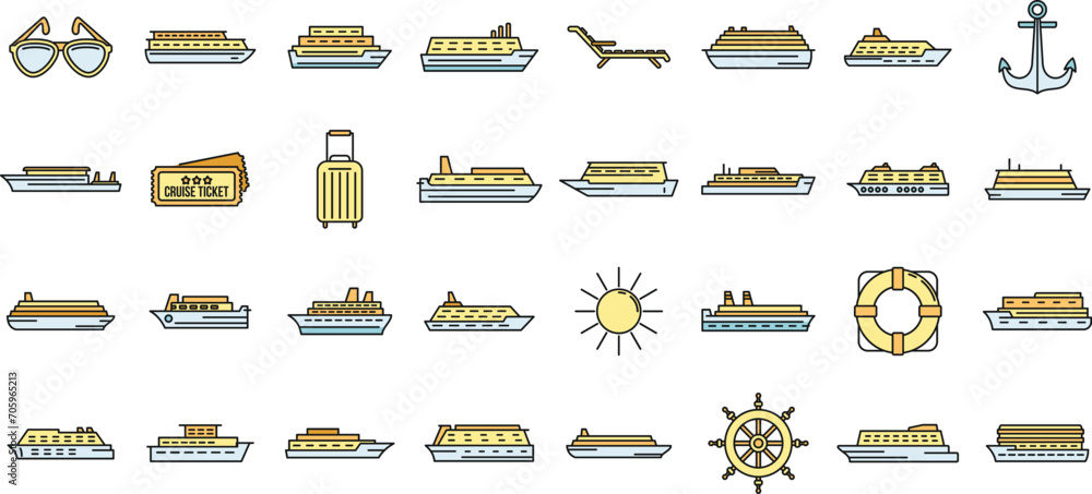 Ocean cruise icons set. Outline set of ocean cruise vector icons thin line color flat on white Ocean cruise icons set. Outline set of ocean cruise vector icons thin line color flat on white