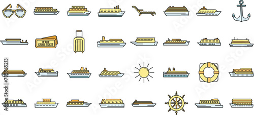 Ocean cruise icons set. Outline set of ocean cruise vector icons thin line color flat on white