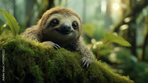 A sloth hanging against a backdrop of lush ferns and moss-covered trees, blending into its surroundings -Generative Ai 