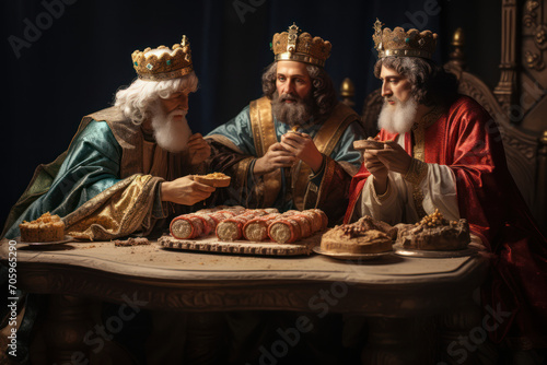 Whimsical representation of individuals savoring Three Kings Cake during Epiphany, highlighting the cultural diversity in the ways people indulge in this traditional delicacy. Generative Ai.