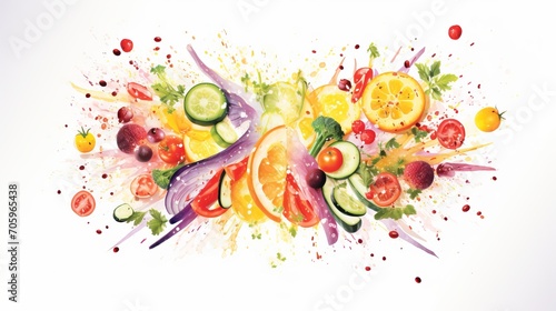 Vegetables fruits. Cucumber, oranges, tomatoes, onions, broccoli. Splash.