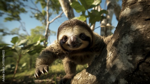 A sloth reaching out to grab a leaf from a nearby tree branch  showcasing its slow and deliberate movements -Generative Ai 