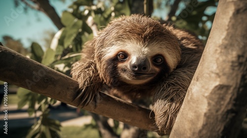 A sloth reaching out to grab a leaf from a nearby tree branch, showcasing its slow and deliberate movements -Generative Ai
 photo
