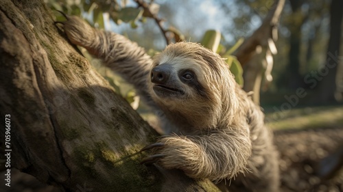 A sloth reaching out to grab a leaf from a nearby tree branch, showcasing its slow and deliberate movements -Generative Ai 