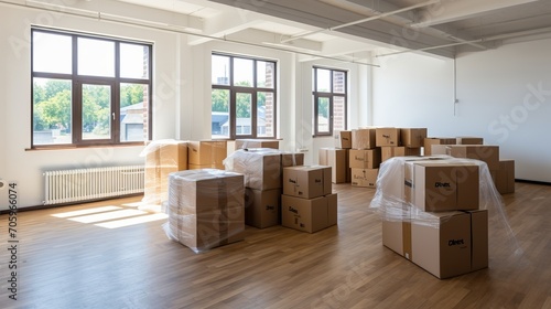 Boxes in an empty bright room with panoramic windows. Moving. Unpacking in a bright apartment. Creating a cozy, bright space filled with warmth and joy © Sarbinaz Mustafina