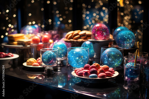 A cosmic-themed dessert table featuring star-shaped treats and galaxy-inspired sweets for a sweet celebration. Generative Ai. © Sebastian