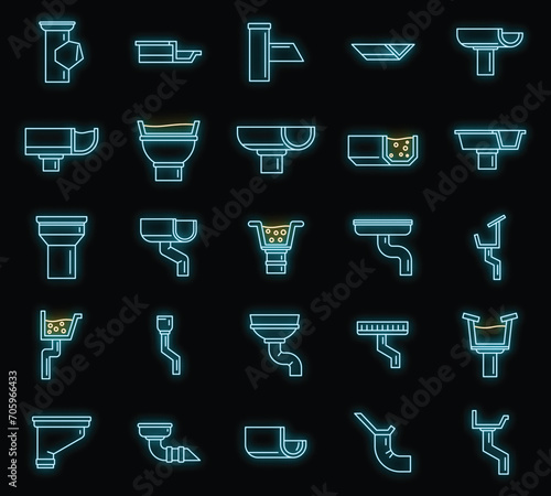 Gutter drain icons set. Outline set of gutter drain vector icons neon color on black