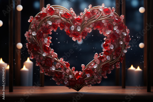 A heart-shaped wreath made of sparkling crystals and celestial ornaments  adorning the entrance to a Valentine s Day celebration. Generative Ai.