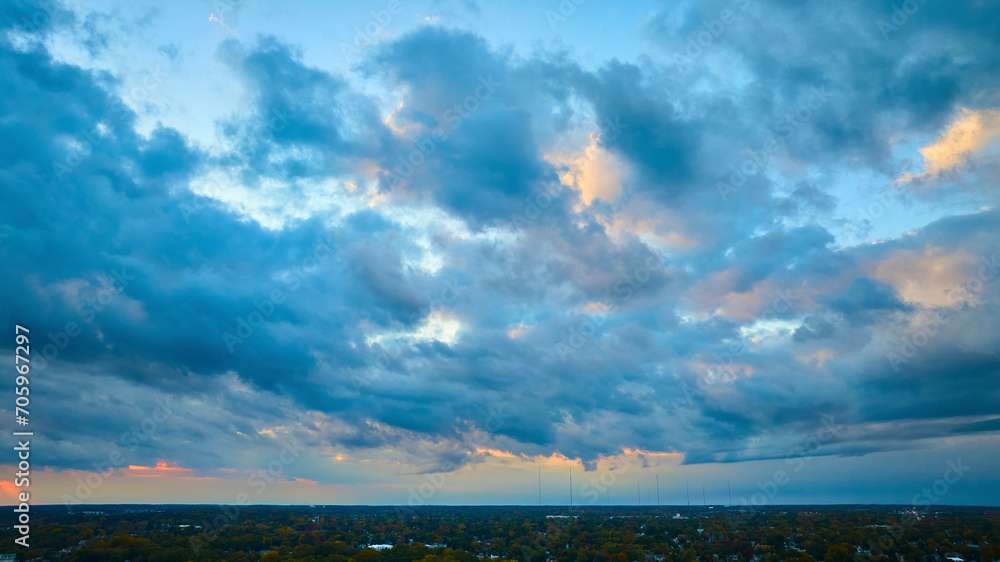 Aerial Twilight Skyline with Stormy Clouds over Suburban Fort Wayne