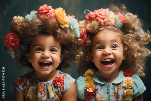 Adorable tots sporting hilarious hair accessories, their giggles filling the air with infectious happiness. Generative Ai.