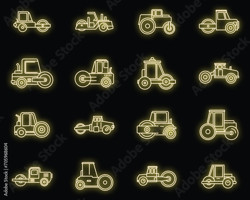 Construction road roller icons set. Outline set of construction road roller vector icons neon color on black