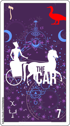 Egyptian tarot card number seven, called the chariot. Ancient war chariot with horses. Egyptian