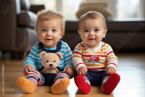 Baby buddies adorned in matching, funny-themed socks, adding a touch of whimsy to their tiny feet and the room around them. Generative Ai.