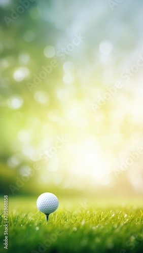 Sunlit Golf Ball on Tee Ready for Drive on Lush Green Course, Vertical Poster or Sign with Open Empty Copy Space for Text 