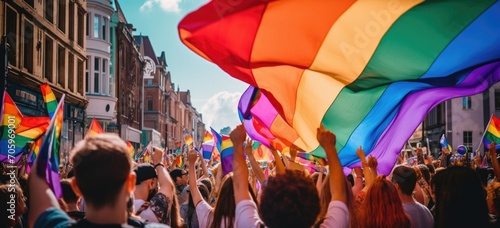 Supportive LGBTQ parade, rainbow flags, inclusivity. Banner. photo