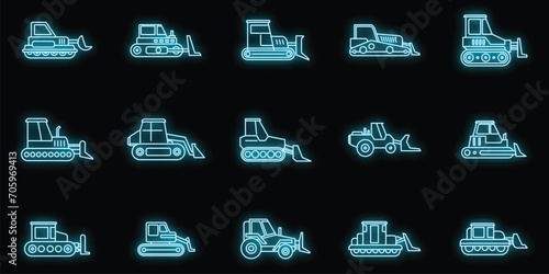 Construction bulldozer icons set. Outline set of construction bulldozer vector icons neon color on black