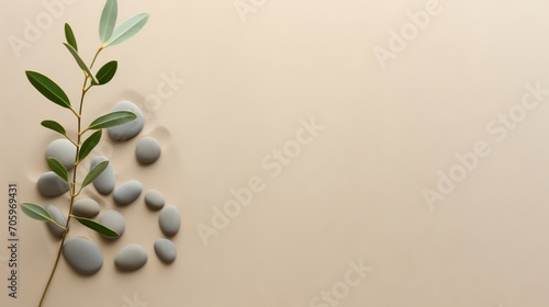 Serene Botanical Background with Natural Sage Twig and Pebble Rocks on Sand AI Generated