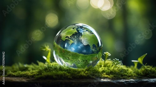 Transparent earth globe with green plant on the tropical rainforest blur background. Generate AI
