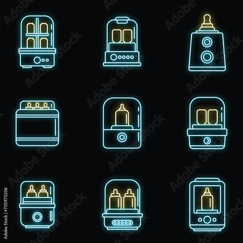 Baby bottle sterilizer icons set. Outline set of baby bottle sterilizer vector icons neon color on black