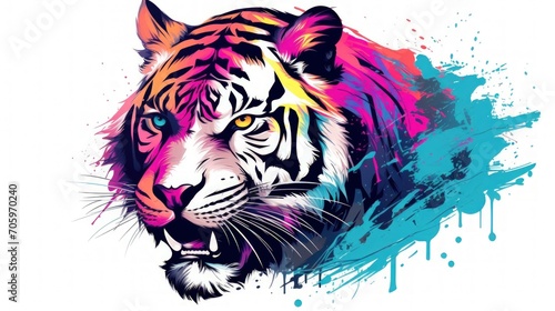 Tiger animal wildlife  rainbow vibrant colorsplash  watercolor style white background. Generate AI