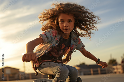 A girl confidently riding a skateboard at a skate park, challenging perceptions of gender in extreme sports. Generative Ai. © Sebastian