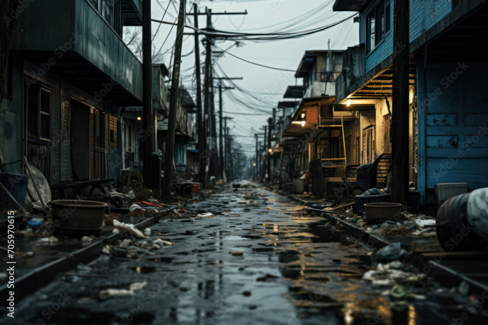 An impoverished urban alley, revealing the harsh realities of inequality and the struggles faced by marginalized members of society. Concept of urban disparity. Generative Ai.