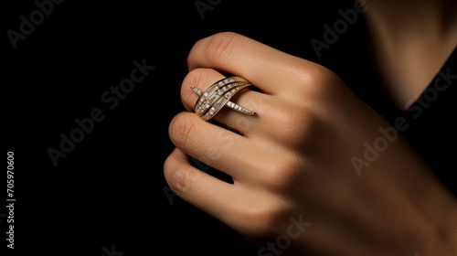 closeup of a model's hand with a gold ring