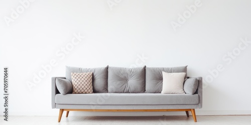Stylish Scandinavian sofa with gray upholstery, legs, and pillows on white background. © Lasvu