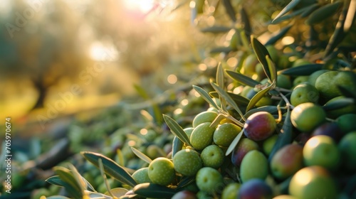 blurred atmosphere of harvesting olives under the bright sun, background for the concept of Olive Day