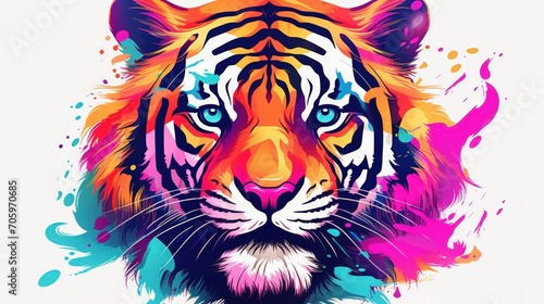 Tiger animal wildlife  rainbow vibrant colorsplash  watercolor style white background. Generate AI