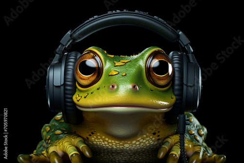 frog wearing headphones over black background