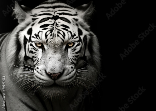 Portrait of white bengal tiger on a black background. Copy space for text  advertising  message  logo