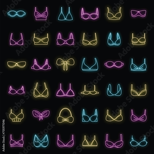 Modern bra icons set. Outline set of modern bra vector icons neon color on black