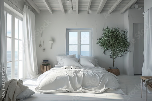 habitación estilo ibicenco en tonos blancos con cama central, jarrón con árbol y mesita sobre pared con ventana y gran ventanal lateral con vistas la mar photo