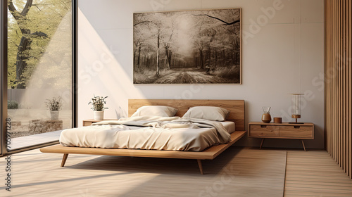dormitorio decorado con cama central, cuadro, mesita armario empotrado  y gran ventanal con cristaleras y vistas al jardín photo