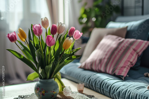 Living room with pastel colored pillows and fresh tulips on the table. Spring decor concept. Generative AI