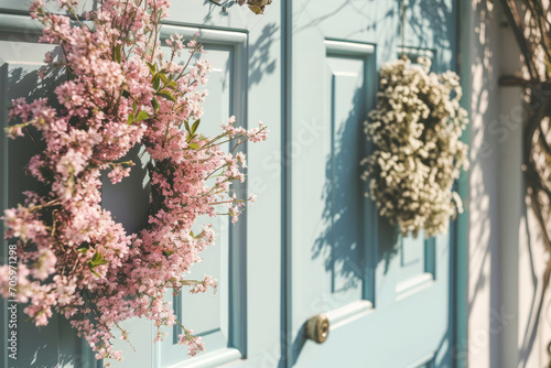 Home entrance with decorative spring wreath on front door in pastel colors. Generative AI photo