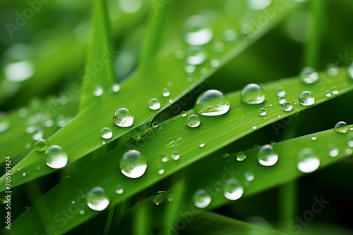 Closeup of water droplets on a green grass. Generative AI