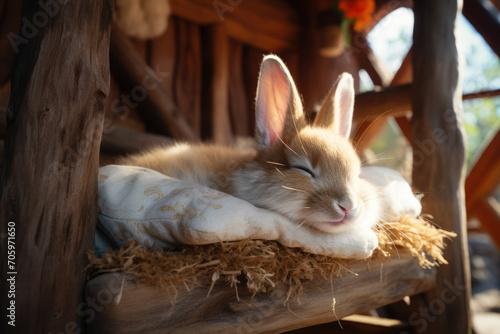 A gentle rabbit enjoying a quiet moment in a comfortable enclosure, symbolizing the gentle and calming presence of these furry friends. Concept of lagomorph relaxation. Generative Ai.