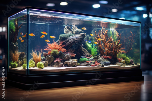 A sleek and elegant fish tank with a variety of freshwater species, adding a touch of aquatic elegance to the room. Concept of underwater aesthetics. Generative Ai.