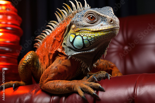 A regal-looking iguana basking under a heat lamp  showcasing the unique allure of reptilian companionship in a home setting. Concept of lizard luxury. Generative Ai.